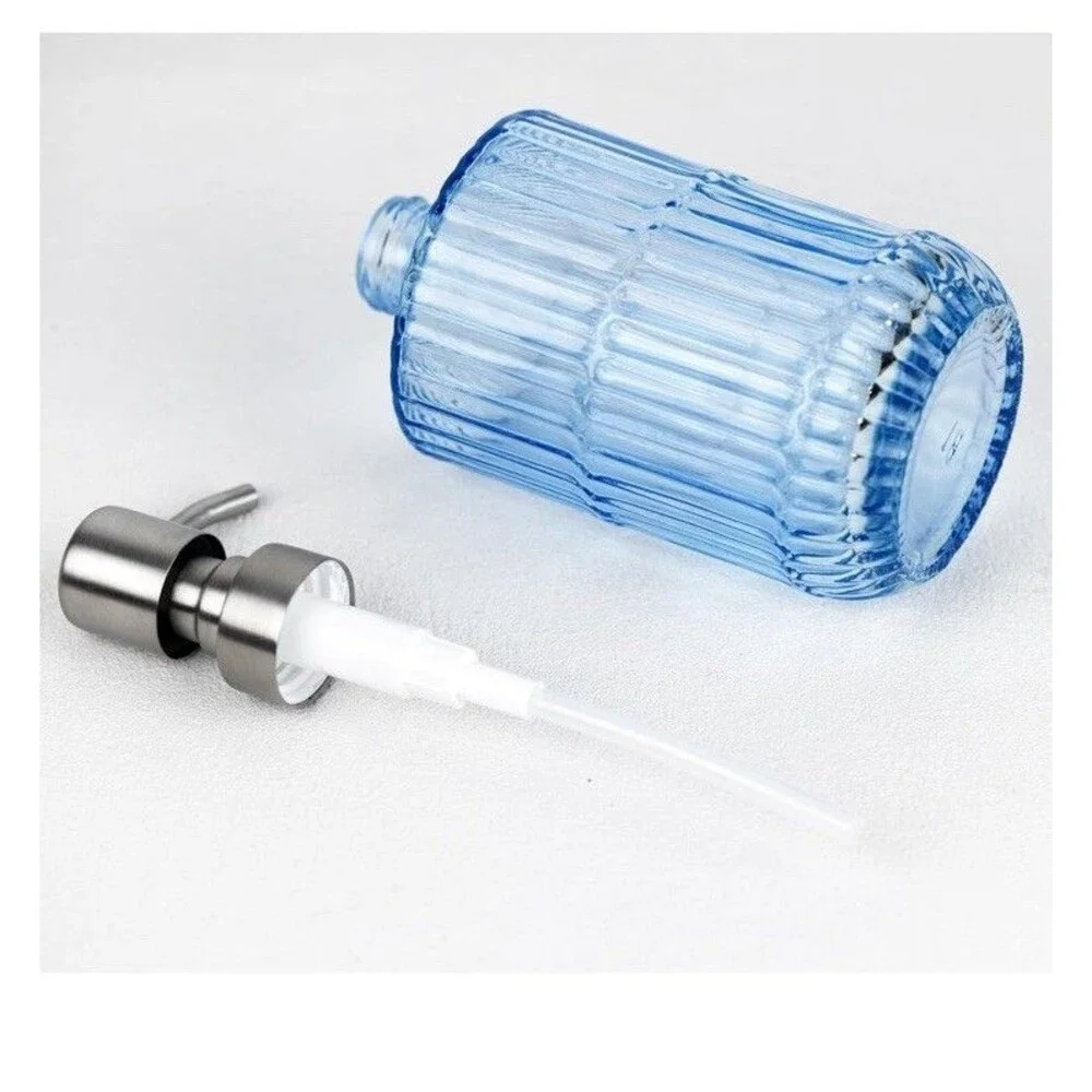 14 Oz Glass Soap Dispenser with Vintage Stainless Pump, Refillable Hand Soap
